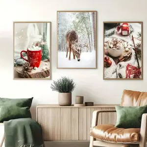 3pcs Wooden Frame Christmas Hot Drink Theme Food Decorations, Cozy Winter Holiday Wall Art for Living Room, Festive Hanging Paintings, Modern Home Decoration