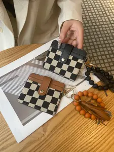 Fashion Checkered Card Holder, Beaded Decor Microfiber Leather Keychain, Tassel Decorated Wrist Strap Keychain, Casual Jewelry for Women & Girls, Keychain Wristlet, Fashionable Card Holder