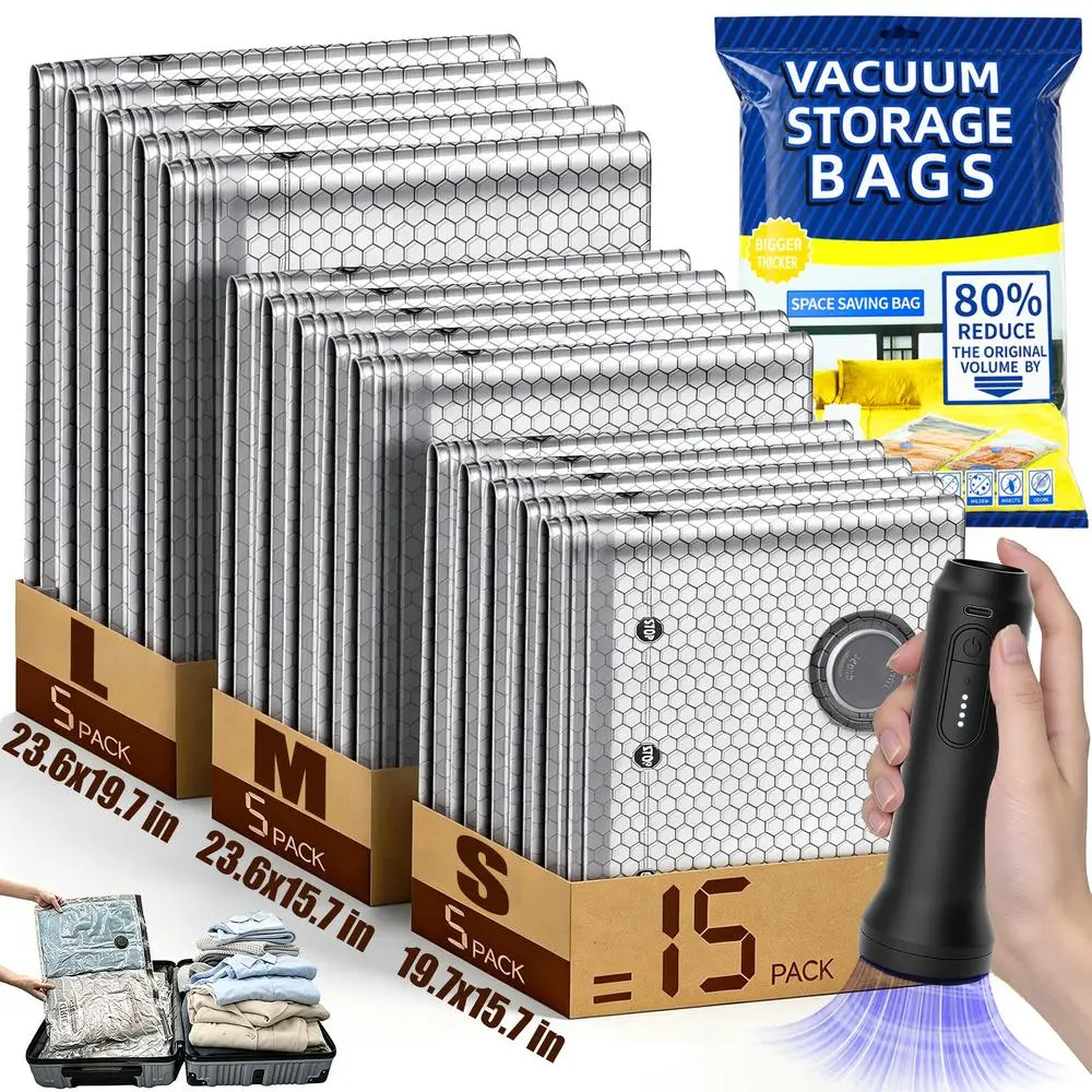 Vacuum Bags For Travel Portable Hand Pump Matching Compression Set, Reinforced Waterproof Material, Three Sizes Space Saving Pouches for All Trip Scenarios