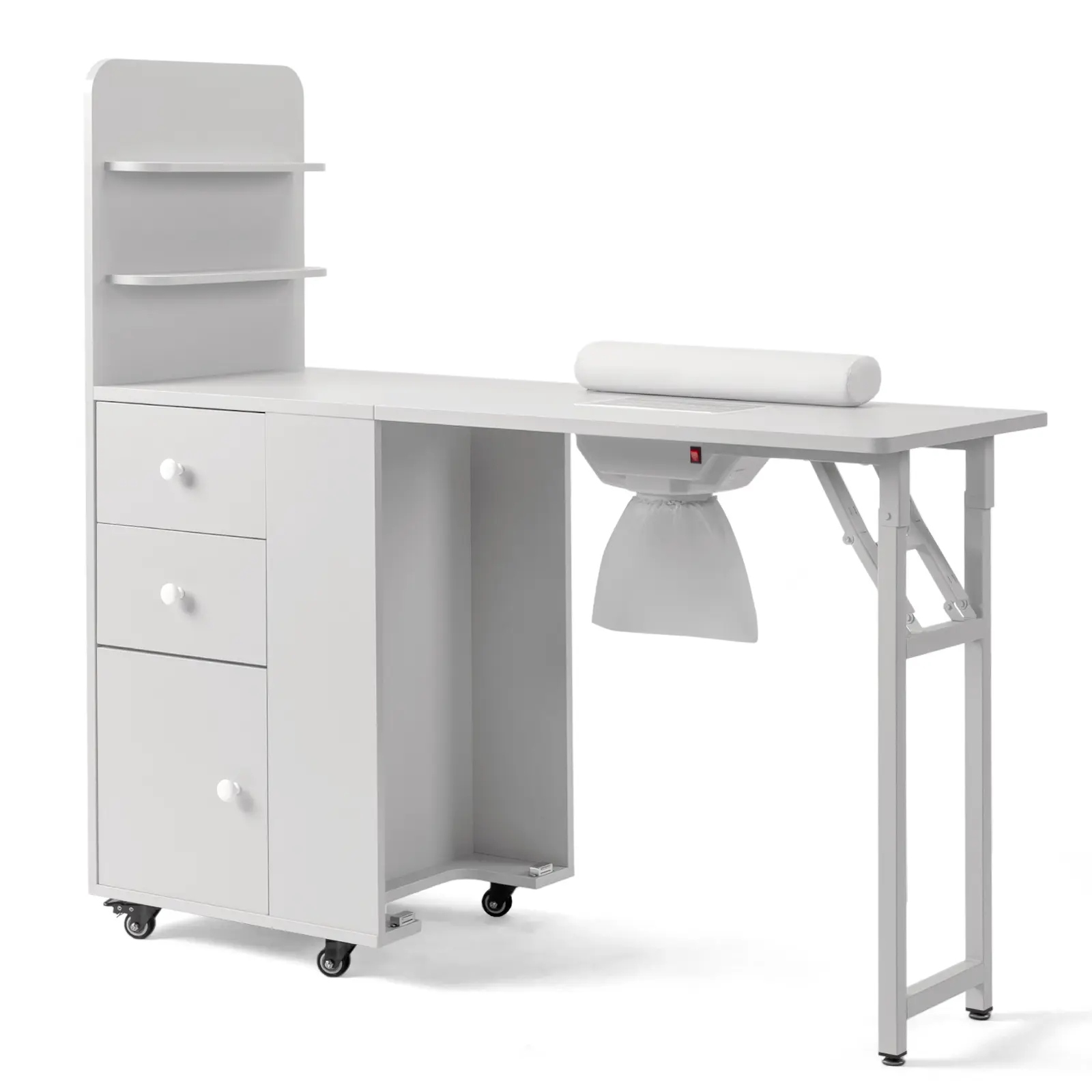 White Folding MDF Nail Tech Desk With Built-In Nail Dust Collector, Side Open Storage Shelves, 2 Drawers And Lockable Cabinet, Rolling Casters And Padded Hand Rest For Professional Nail Salon Use