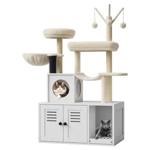 3-in-1 Cat Tree with Hidden Litter Box Enclosure, Modern Cat House Condo with Sisal Scratching Post & Pompoms, Multi-Level Pet Furniture for Indoor Cats, Space-Saving Litter Box Cabinet, Odor Control White Cat Washroom, Easy Clean