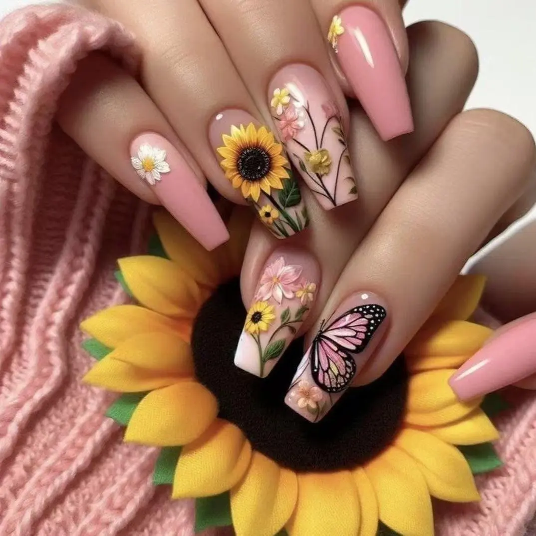 Sunflower & Butterfly Pattern Fake Nails with Nail File & Tape, 24pcs Pink Removable False Nails for Women Girls Nail Art, Press on Nails Manicure Set, Fake Nail Kit, Acrylic Nails Extension, Diy Nails Art, Nail Art Supplies, Decorative Nails