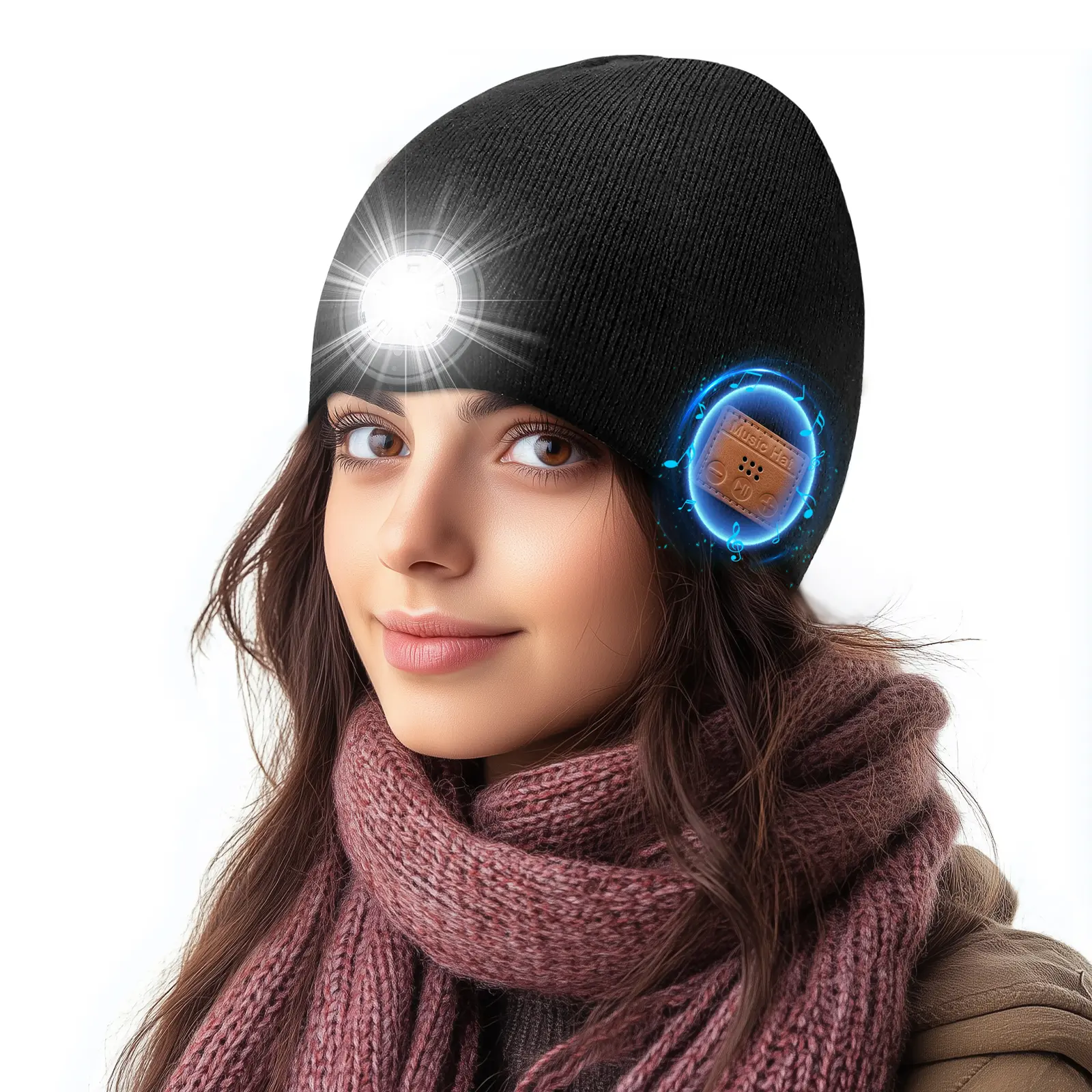 Bluetooth 5.0 Knit Beanie with LED Light, Unisex Thermal Lined Cap Featuring High-Fidelity Stereo Speakers for High Visibility Sports, Biking, Knit Warm Hat, Customizable Led Hat, Led Lighted