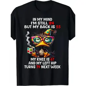 2026 Spring New Arrival Funny Duck Coffee Men's T-Shirt, In My Mind I'm Still 24 Humorous Graphic Tee, Soft Breathable Black Casual Top for Daily Wear