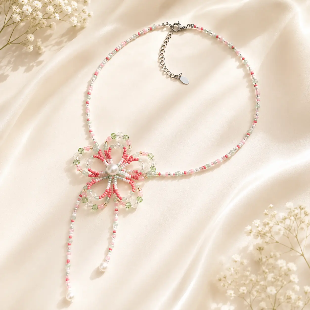 [NEW] Aesthetic Handmade Flower Bead Necklace – Floral Choker with Stainless Steel Clasp for Women