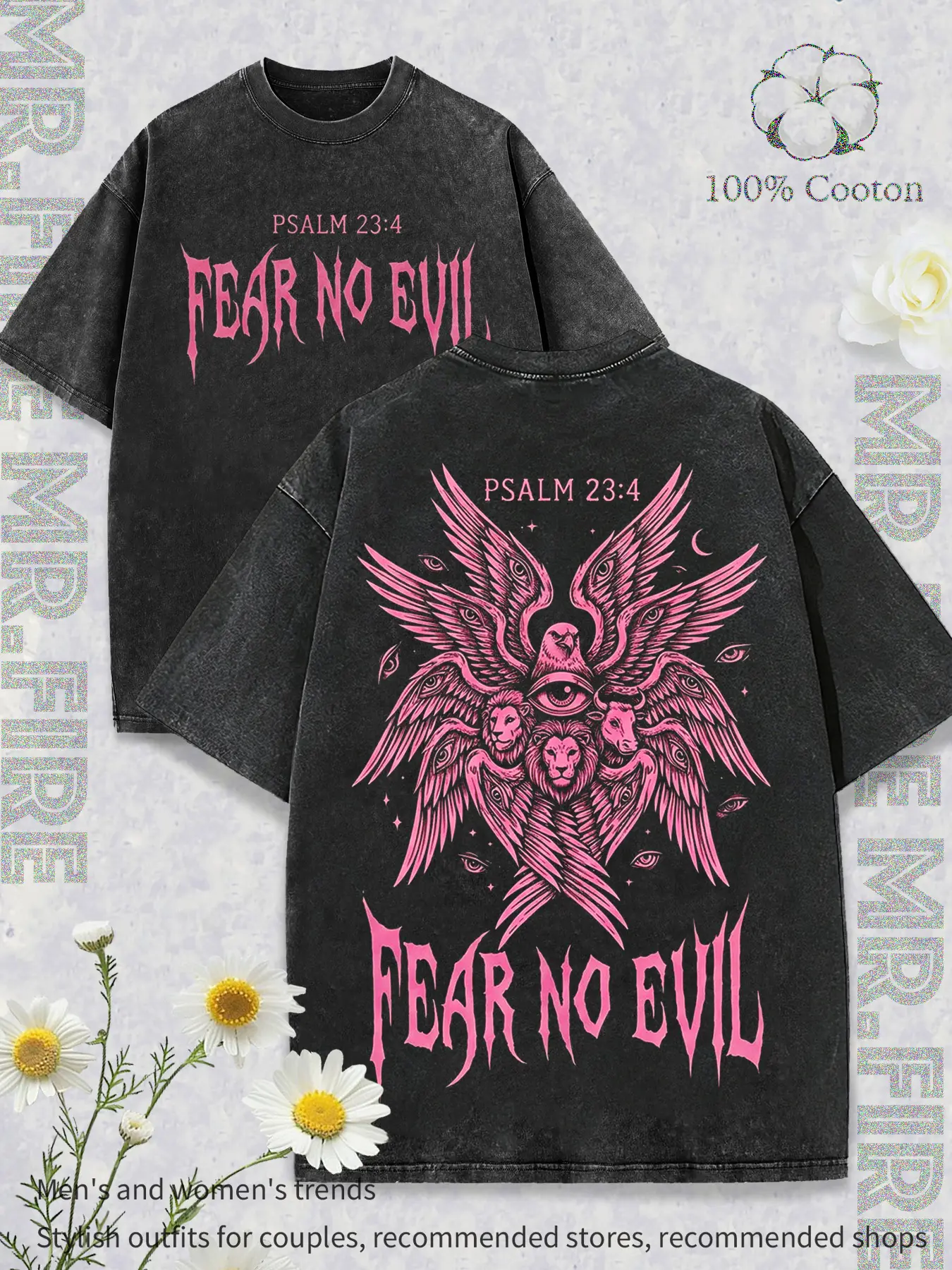 Men's Gothic Death Metal Graphic Cotton T-Shirt - Casual Fit Loose-Fit Tops, Round Neck, Lucifer Print, All-Seeing Eye, 'Fear No Evil' Slogan, Cartoon Graphics, Retro Design, Raw Wash Effect, Short Sleeve, Preppy Retro Street Club Wear, Foldable, Stylish