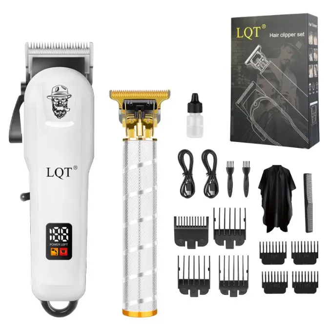 LQT Sleek White Barber Clipper Set, Cordless Hair Clipper & Silver-Gold Textured Trimmer with Digital Display, Modern Clean Design for Men