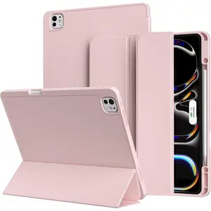Case for iPad Pro 13 Inch (M4) 2024 7th Generation with Pencil Holder, Slim Trifold Smart Cover with Soft TPU Back, Supports Pencil Pro and Pencil(USB-C), Auto Sleep/Wake, Light Pink
