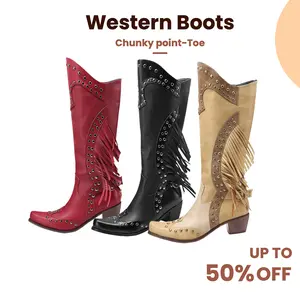 Fringe Studded Cowboy Boots with Pointed Toe Western Style Knee-High Boots for Women Classic Punk Elements Country Music Festivals Red Black Beige