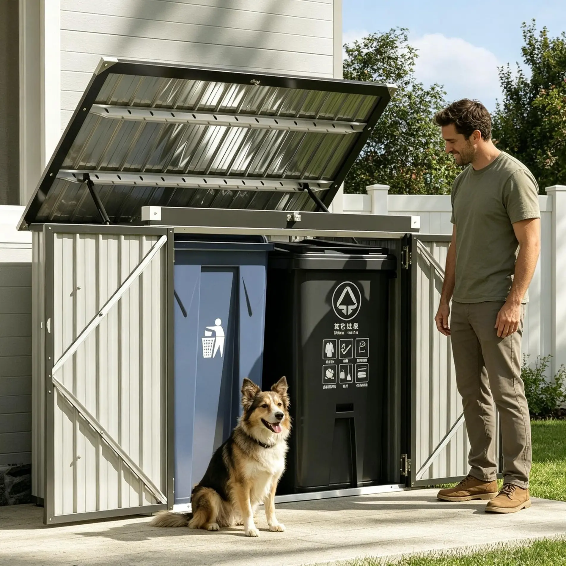 Aoxun Outdoor Heavy Duty Metal Storage Shed - Waterproof Trash Can Enclosure with Chain Lid, Ample Space Organizer for 2 Bins, Generator, Garden Tools, Heavy Duty Construction, 30-Day Happy Home Guarantee, Instructions + Tools Included