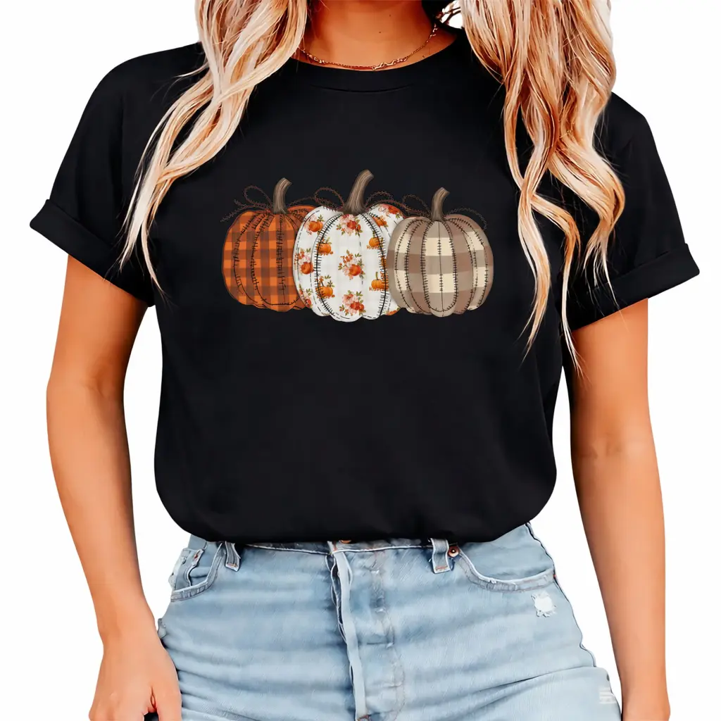 Pumpkin Shirt, Boho Fall Pumpkin T-Shirt, Patchwork Pumpkin Tee, Cute Autumn Shirt, Fall Harvest Shirt, Pumpkin Patch Shirt
