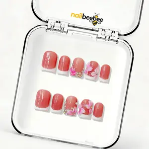 NailBeeBee｜10PCS 100% Handmade Press-On Nails｜C017 0.8 Inch｜Reusable Colorful Art Acrylic Stylish｜Pink French Tip 3D Flower & Rhinestone