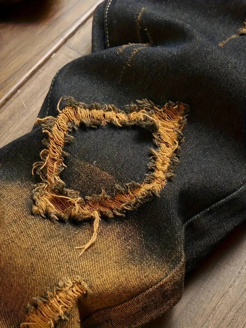 Men's Color Block Ripped Denim Jeans - Breathable, Slim-fit, Mid Waist Casual Cotton