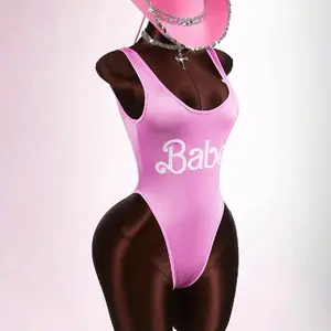 Glossy Material Sexy Low-Cut Women's Pink Babe Graphic Bodysuit with "Babe" Text Design