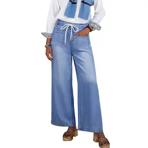 EVALESS Women's Wide Leg Jeans Summer Lightweight High Waisted Straight Leg Baggy Drawstring Denim Pants