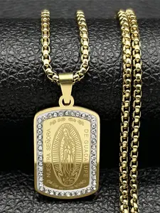 Catholic Our Lady of Guadalupe Pendant Necklace for Women Men Stainless Steel Gold Color Virgin Mary Medal Cuban Link Chain