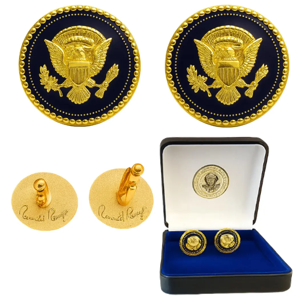 President Ronald Reagan 24k Gold Plated Eagle Coin Presidential Blue Cobalt Cufflinks