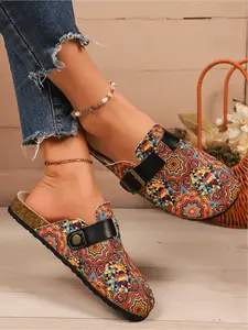 Summer New Vintage Printed Baotou Single Shoes for Women with Cork Bottom Buckle and Half Drag Casual Versatile Outerwear Women's Shoes