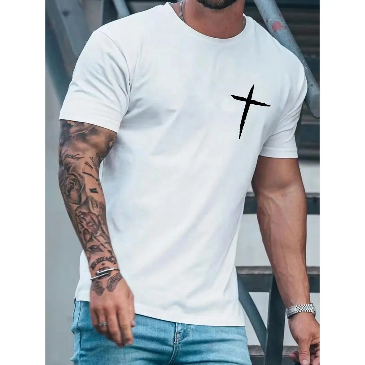 Manfinity Homme Men's Cross Printed Slim Fit T-Shirt, Cross T-Shirt, Jesus T-Shirt