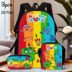 Number Blocks 3pcs Backpack Set: Adjustable Straps, Zipper Closure, Lunch Bag + Pencil Case, Perfect Holiday Gift, for Teenager