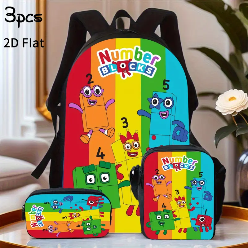 Number Blocks 3pcs Backpack Set: Adjustable Straps, Zipper Closure, Lunch Bag + Pencil Case, Perfect Holiday Gift, for Teenager