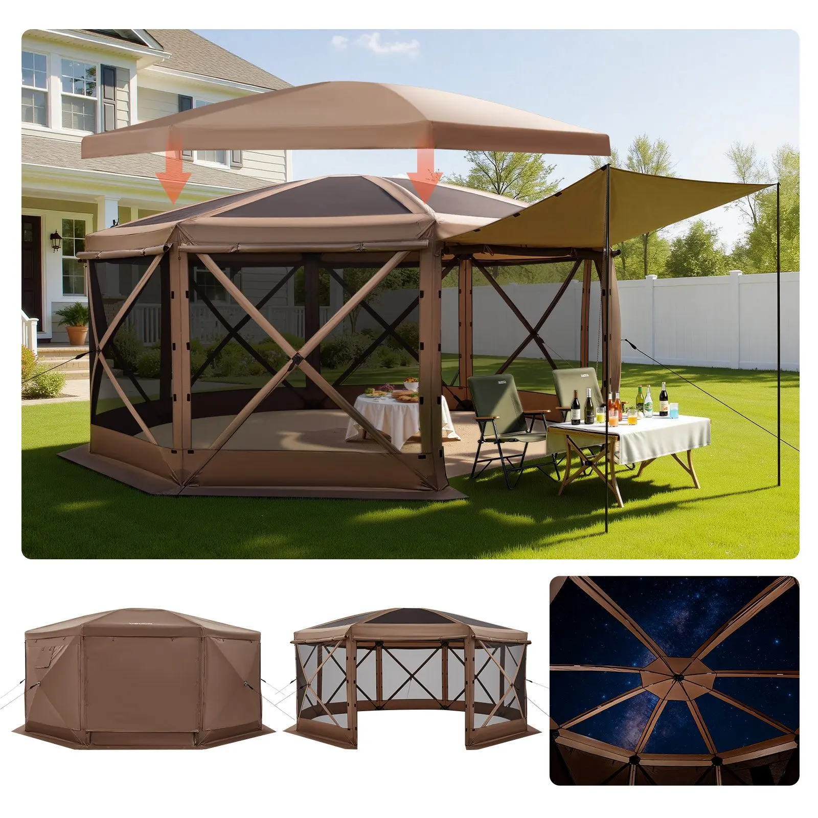 【Summerfinds】VEVOR Pop up Gazebo Screen Tent, 15 x 15 ft Large 8-Sided Camping Canopy Tent with Removable Top & Carry Bag, Quick-Set & Bite-Proof, Screen House Sun Shelter for 12-15 Persons Backyard Patio, Brown