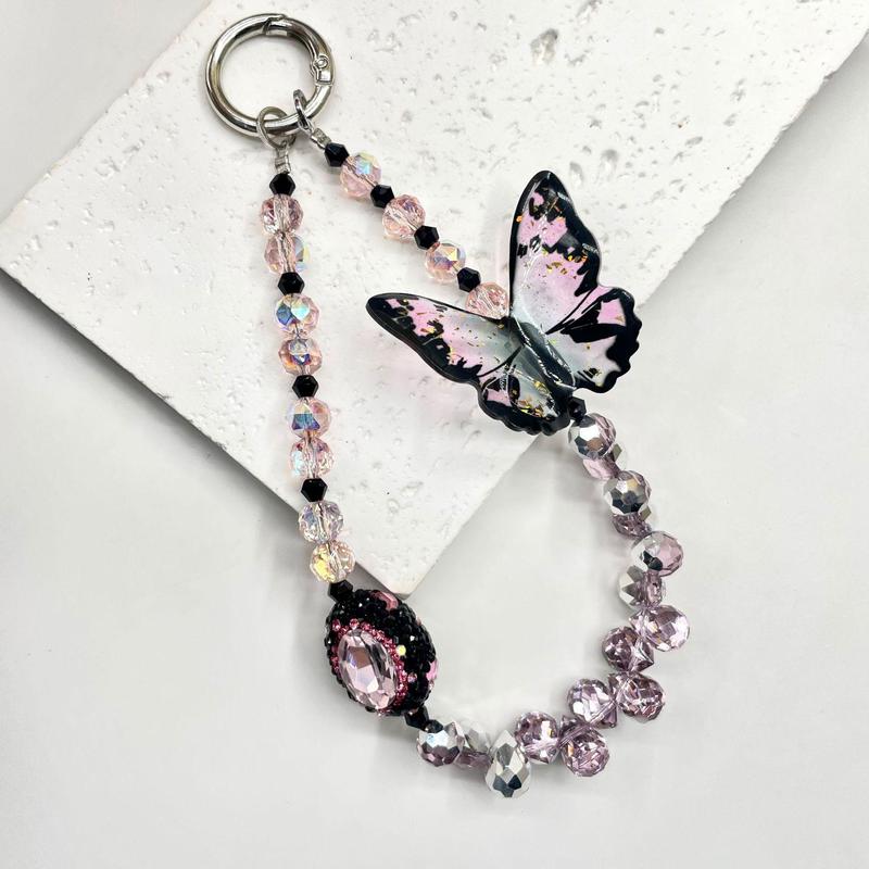 Butterfly Design Beaded Phone Chain, DIY Premium Smudge Bow Beaded Crystal Lanyard, Phone Wrist Lanyard, Earphone Case Key Camera Ornament, Charms