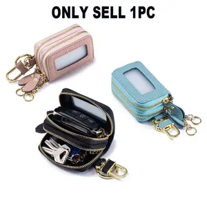 1pc Double Zipper Key Case Genuine Leather Waist Hanging Key Organizer, Universal Key Holder for Men Women, Portable Anti-Lost Car Key Bag with Clear Window & Keychain, Multifunctional Coin Purse for Home Office Travel, Durable RFID Blocking Key Pouch