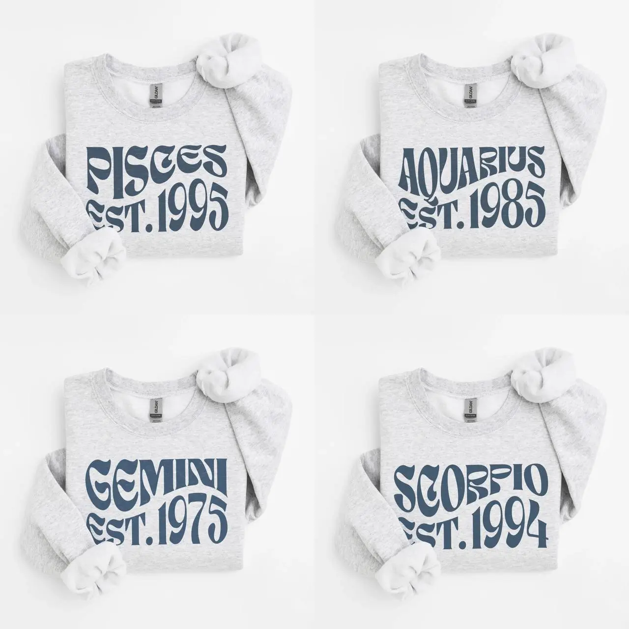 (LEAVE A NOTE OR DM SHOP) Retro Zodiac EST. Year Sweatshirt - Ash Grey, Minimalist Astrology Crewneck Pullover, Vintage Horoscope Sign Top, Unisex Birthday Gift for Her And Him, 90s Typography Style Outfit, Christmas Gift - AL