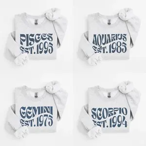 (LEAVE A NOTE OR DM SHOP) Retro Zodiac EST. Year Sweatshirt - Ash Grey, Minimalist Astrology Crewneck Pullover, Vintage Horoscope Sign Top, Unisex Birthday Gift for Her And Him, 90s Typography Style Outfit, Christmas Gift - AL