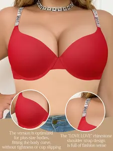 Women's Plus Size Underwire Push-Up Seamless T-Shirt Bra - Rhinestone Detail Underwire, Rhinestone Embellishment, Anti-Sag, Adjustable Straps, Solid Color Skin-Fit, Comfort Breathable | Valentine's Day Gift, Bridal, Everyday Wear