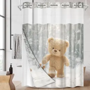 1PC/4PCS 2D Flat Printing Winter Joy: Brown and White Bears Strolling in Snowy Scene Patterned shower curtain, home bathroom decor, shower curtain set with 12 hooks, non-slip bathroom rug, U-shaped toilet seat cover, toilet seat mat.