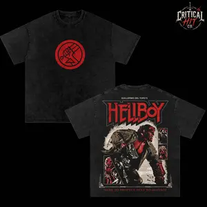 Hellboy Vintage Wash Tee, Guillermo del Toro Movie Shirt, Double Sided Hellboy Graphic T-Shirt, Heavyweight Oversized Cotton Comic Book Fan Merch, Dark Fantasy Superhero Apparel, Retro Cult Film Gift