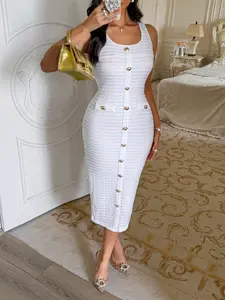 Elegant Chic Tweed Square Neck Sleeveless Bodycon Dress, Single Breasted Button Fitted Slimming Womenswear Dress for Party & Banquet Occasions