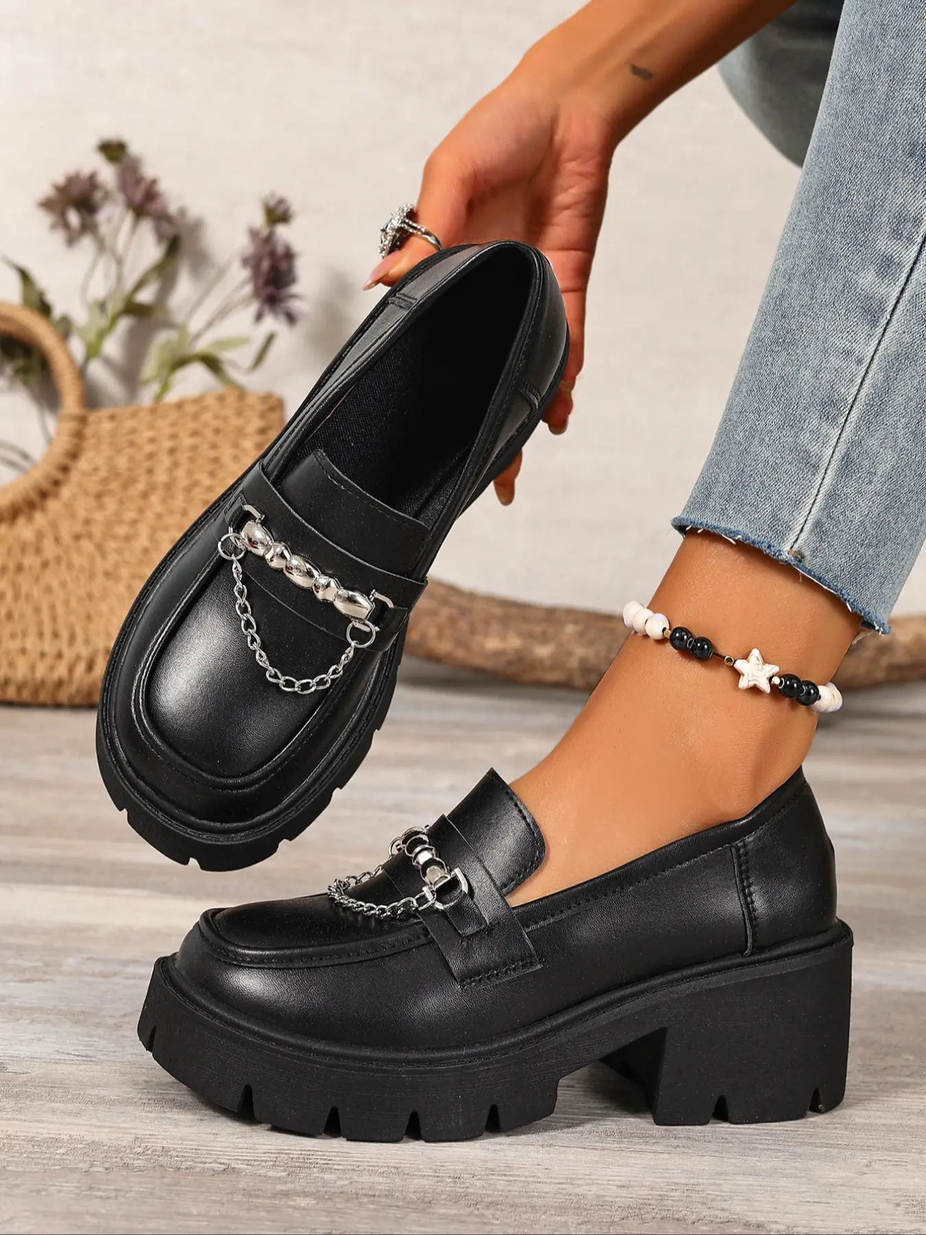 Women's Spring Summer New Casual Chunky Thick Sole Mary Jane Loafers, British Style Classic Lace-Up Small Leather Shoes, All-Season Convenient Shoes, Walking Shoes, Mary Jane Footwear