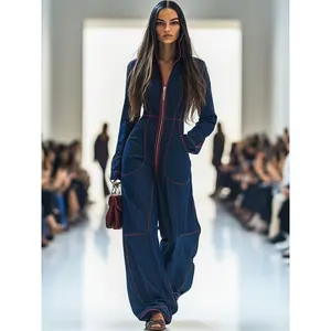Women's Elegant Solid Color Denim Jumpsuit - Slim-Fit V-Line One-Piece Romper with Oversized Pockets, Long Sleeve Beltless Waist (No Belt Needed), Hand Washable Washed Jeans-Like Texture for Casual to Formal Events, Spring/Autumn/Winter