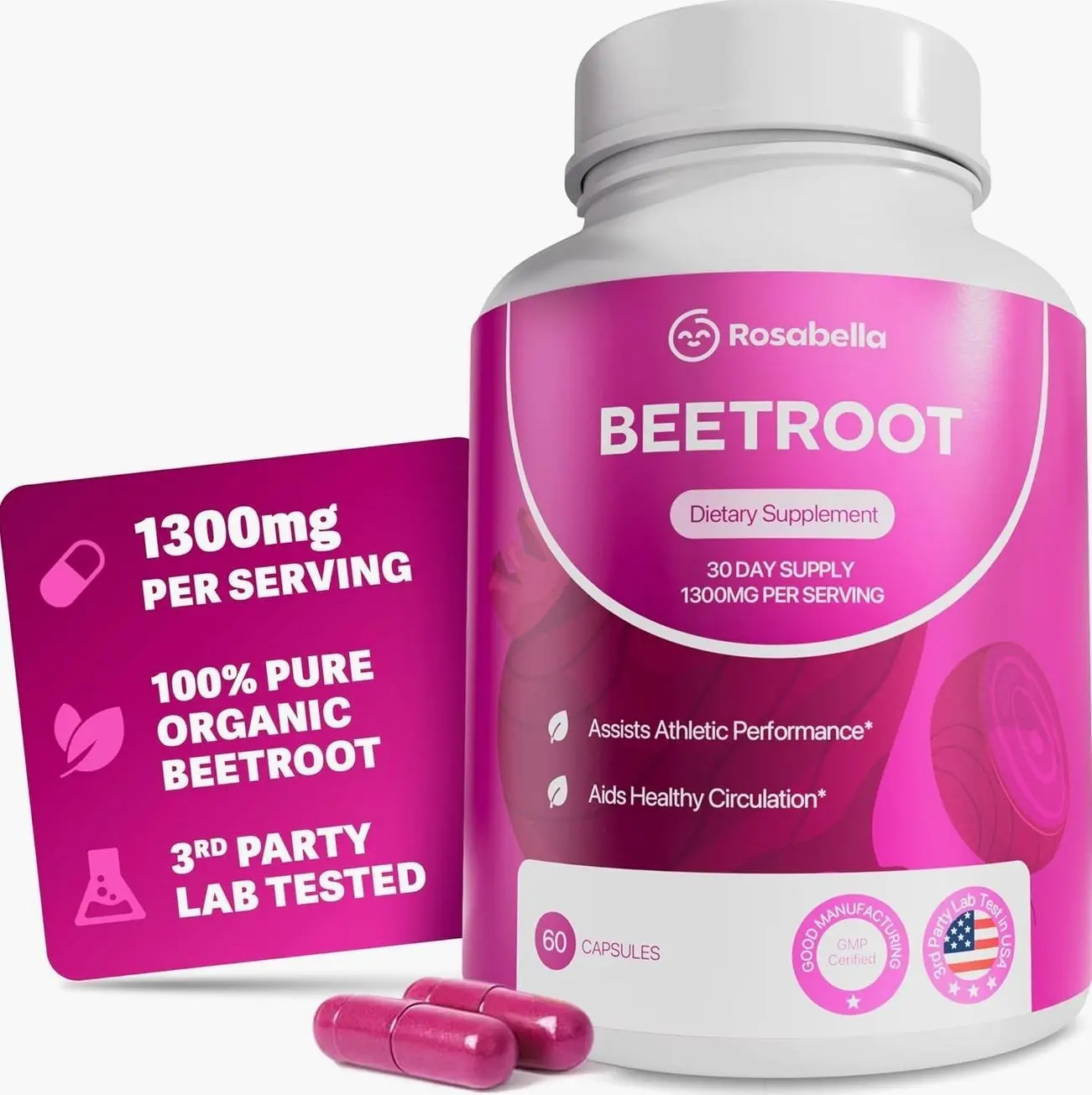 Rosabella Organic Beet Root Capsules - 1300mg Beet Root Powder Aids Healthy Circulation & Vitality, Non-GMO, Beet Root Supplement - 60 Capsules, 30-Day Supply