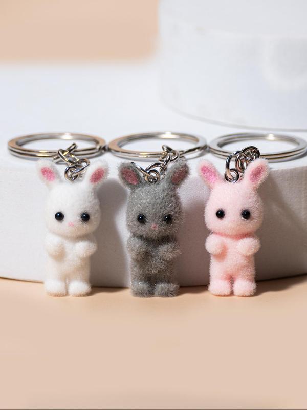 Cute Flocking Rabbit Design Keychain, Kawaii Cartoon Mini Car Keychain ...