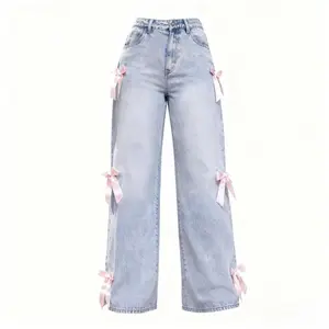 Women’s street-style cropped denim top with bow decals, washed retro look, made from sustainable stretch fabric, featuring a loose wide-leg pant design, suitable for everyday wear and as an inner layer GARMENTARY