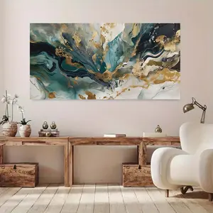 1 piece framed canvas painting - modern abstract fluid art canvas poster - sky blue, gold and white marble design, suitable for living room, bedroom, office, gift giving, ready to hang