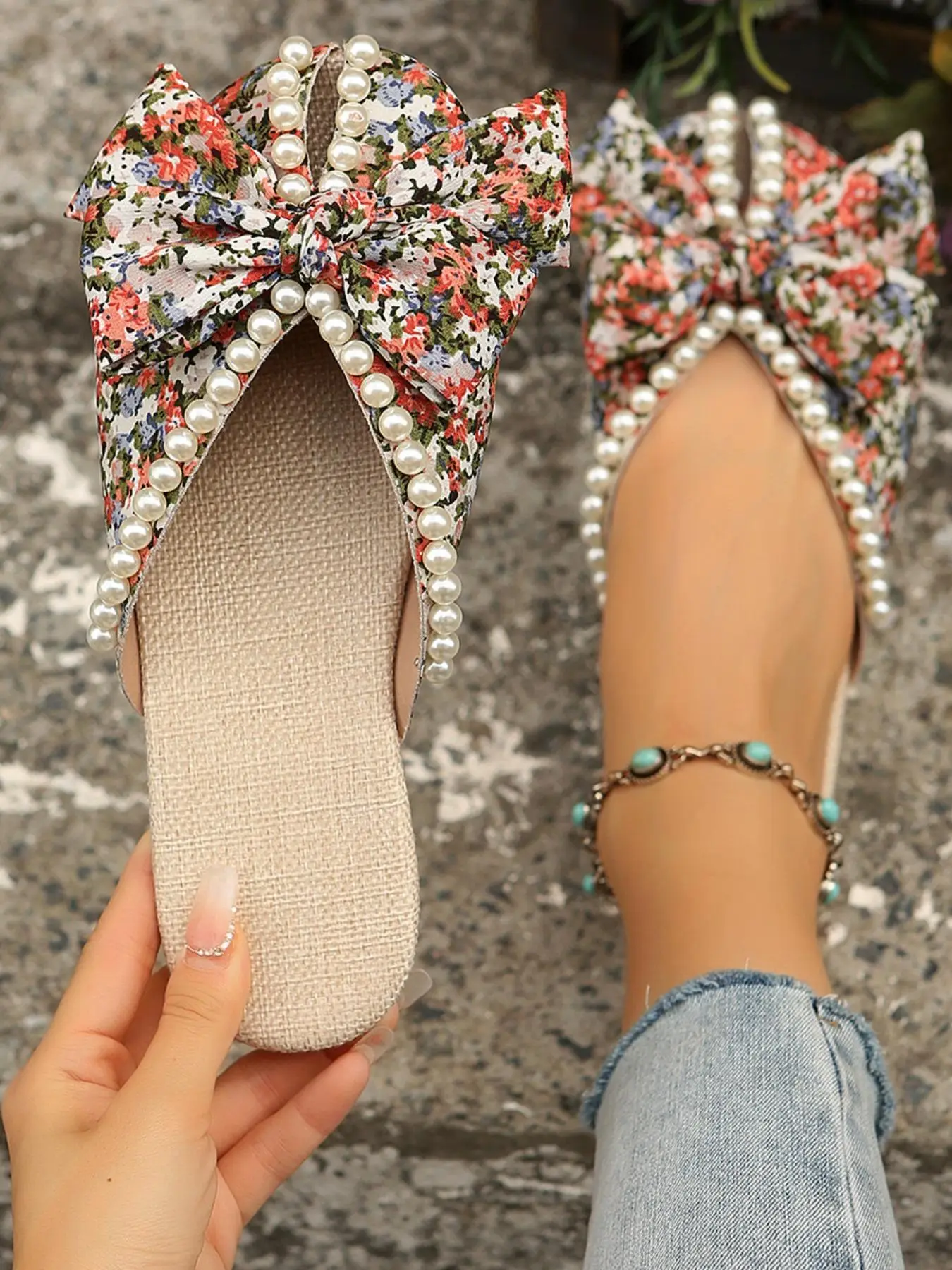 2024 Summer Faux Pearl Decorated Bowknot Design Sandals, Fashionable Ditsy Floral Pattern Slide Walking Shoes, Cute Lightweight Breathable Comfortable