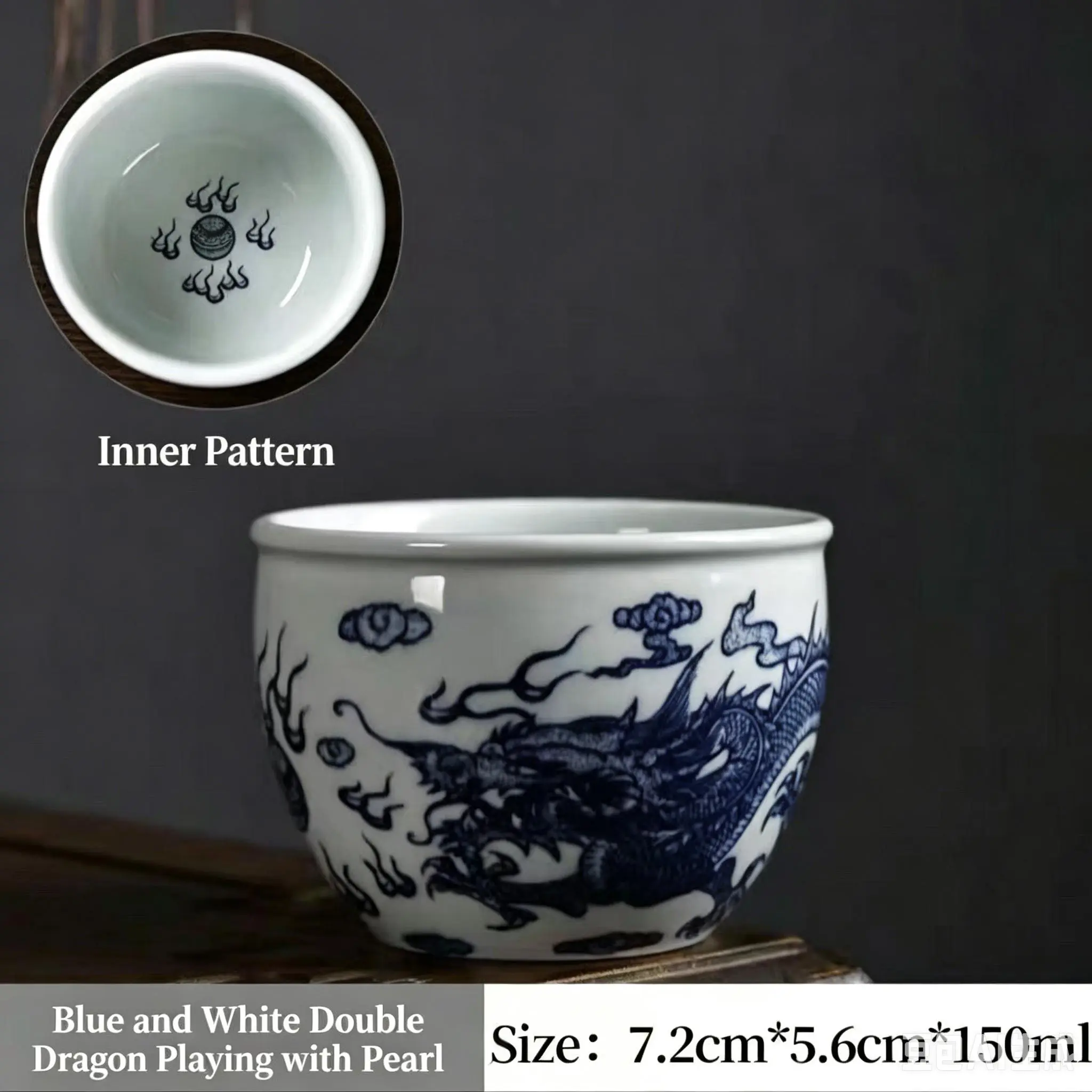 150ml Round High-Fire Blue and White Porcelain Dragon Cup - Classic Smooth Glossy Traditional Chinese Ceramic Master Cup with Cloud and Flame Motifs, Kungfu Tea Decorative Piece for Daily Drinking, Double Dragons Playing With Flaming Pearl