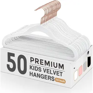 Hangers 50 Pack, 14'' Inch  Non Slip  Felt Hangers for Closet, Space Saving  Clothes Hanger for Youth's ' Clothes (Rose  Hook)- White