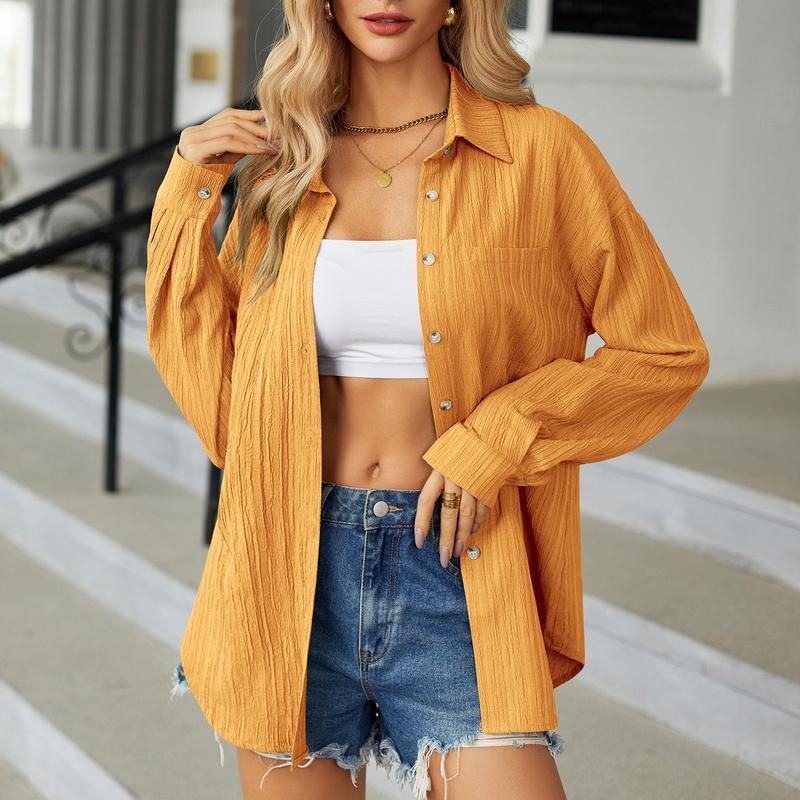 Womenswear Basic Casual Button Down Long Sleeve Shirt with Textured Collar and Pocket Minimalist Collared Blouse for Summer Womenswear Basic Casual Button Down Long Sleeve Shirt with Textured Collar and Pocket Minimalist Collared Blouse for Summer