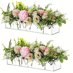 2-Pack Transparent Acrylic Rectangular Vases, 15.7 Inches Long, 16-Hole Floral Centerpieces for Dining Table, Home Decor, Wedding Decor