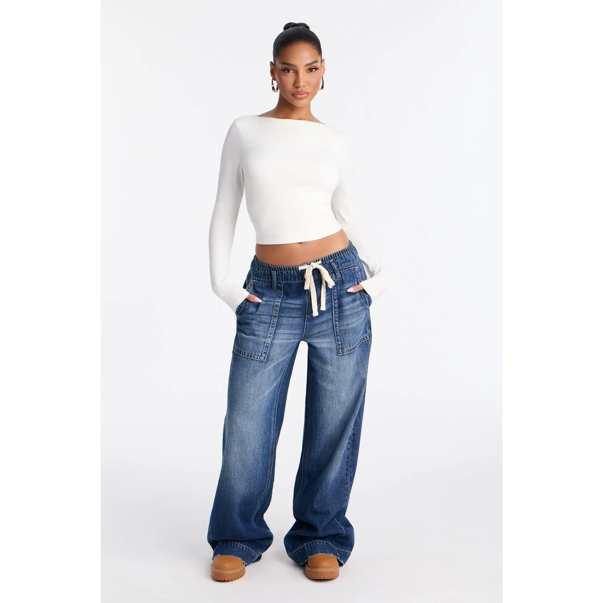 Ocean Ave Tie Waist Baggy Jeans - Dark Wash