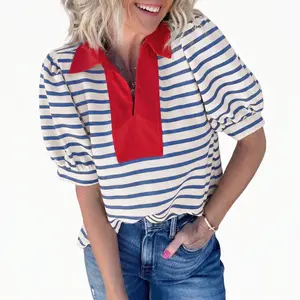 Womens Striped V Neck Polo Shirts Short Puff Sleeve Color Block Blouses Casual Summer Preppy Tops