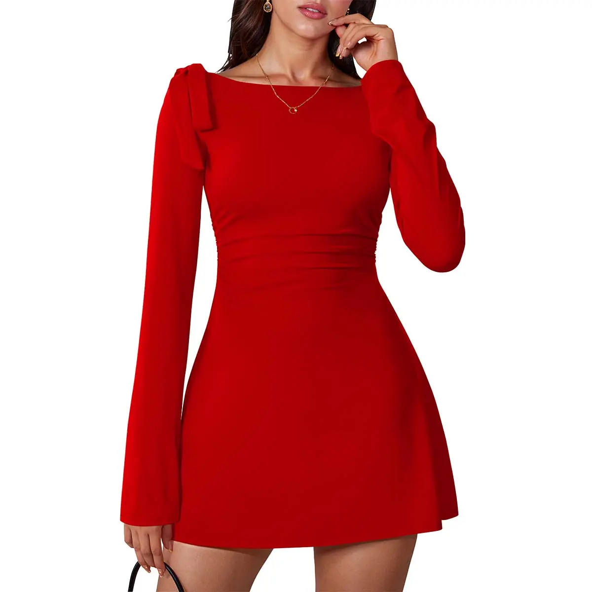 OYS Women's Elegant Long Flare Sleeve Boat Neck A Line Bow Tie Waist Ruched Party Club Cocktail Mini Dress