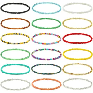 18 Pieces Elastic Beaded Anklets for Women Handmade Beach Boho Colorful Beads Ankle Bracelets Set