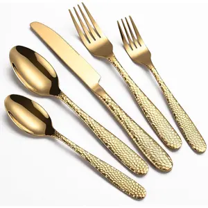 Gold Hammered Silverware Set, 20-Piece Duty Stainless Flatware Sets for 4, Food-Cutlery Set for Home Restaurant, Mirror Polished, Dishwasher Safe